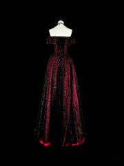 A-line Off Shoulder Black and Red Gothic Prom Dress, Sweetheart Long Formal Gowns