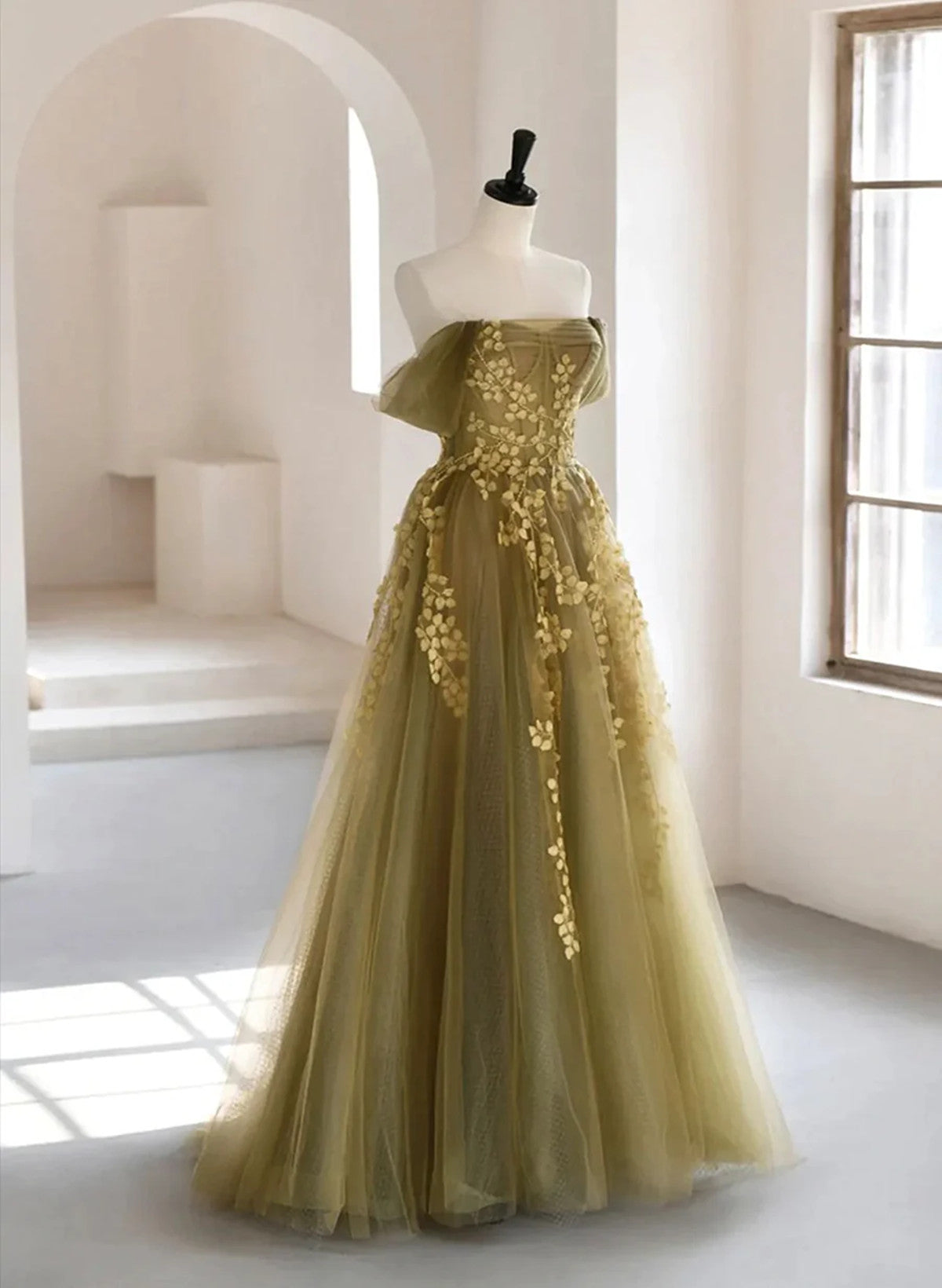 A-line Tulle with Lace Off Shoulder Prom Dress, Long Tulle Evening Dress