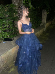 A-line Navy Blue Straps V-neckline Prom Dress, Navy Blue Party Dress Evening Dress