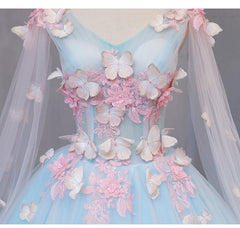 Beautiful Light blue Butterfly Lace Ball Gown Prom Dresses, Sweet 16 Formal Dresses
