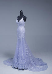 Beautiful Lavener Tulle with Lace Sheath Spaghetti Straps Evening Dresses, Long Prom Dresses