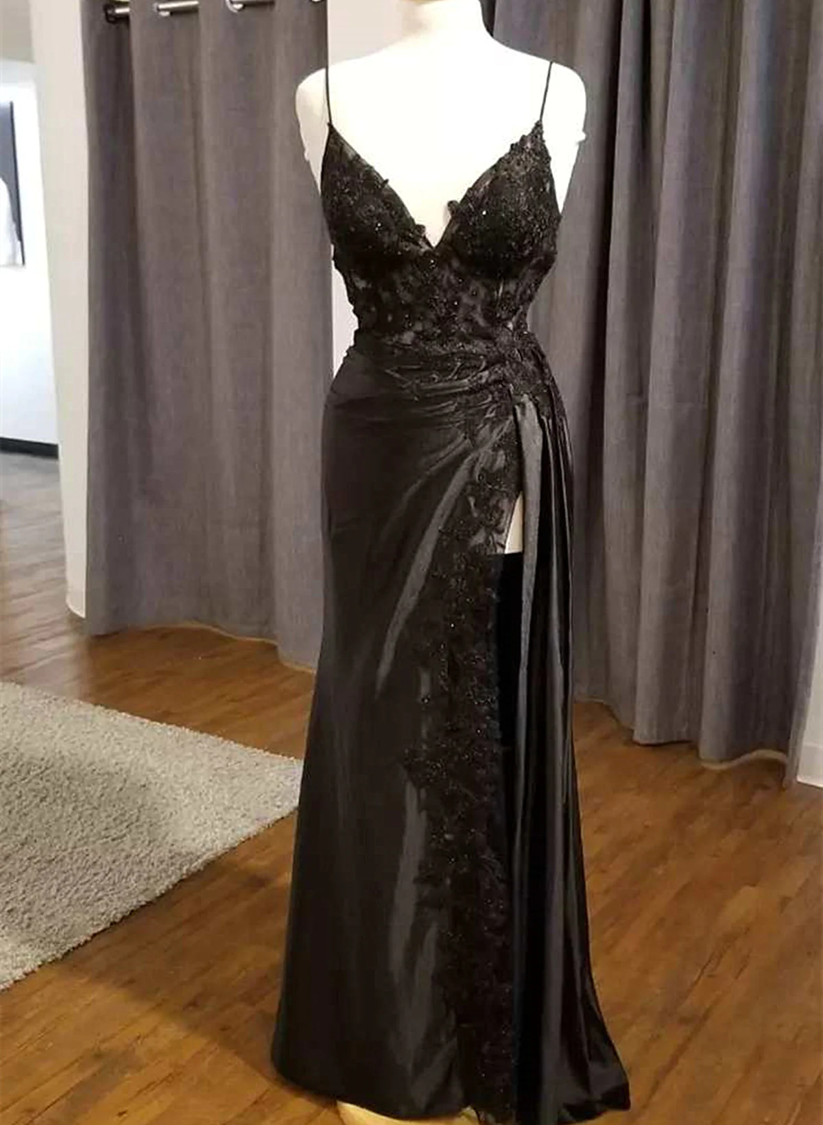 Black Satin with Lace V-neckline with Leg Slit Prom Dress, Black Prom Dress