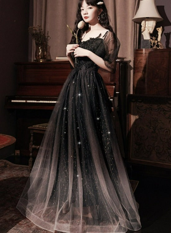 Beautiful Lace Applique Top Gradient Tulle Long Party Dress, Black Long Formal Dress Prom Dresses