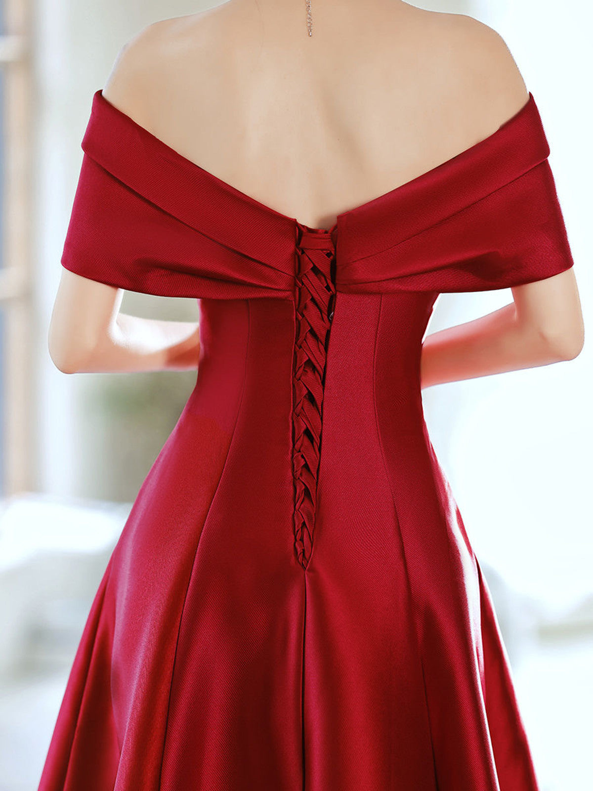 A-line Wine Red Satin Floor Length Party Dress, Wine Red Off Shoulder Prom Dress