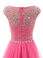 Beautiful Beaded Tulle Long Party Gown, Tulle Cap Sleeves Formal Dresses