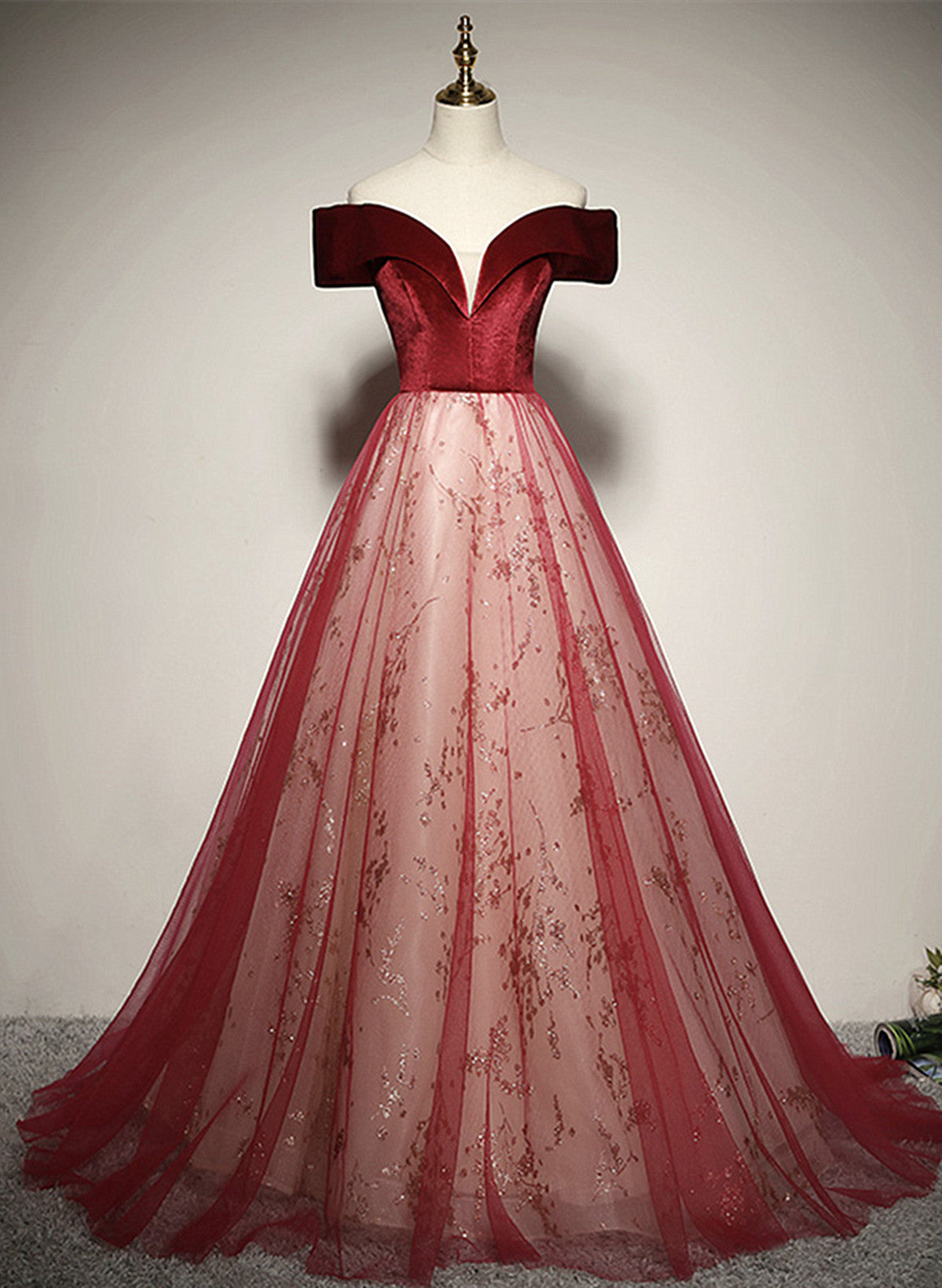 A-line Red Tulle and Velvet Off Shoulder Long Prom Dress, Red Evening Dress