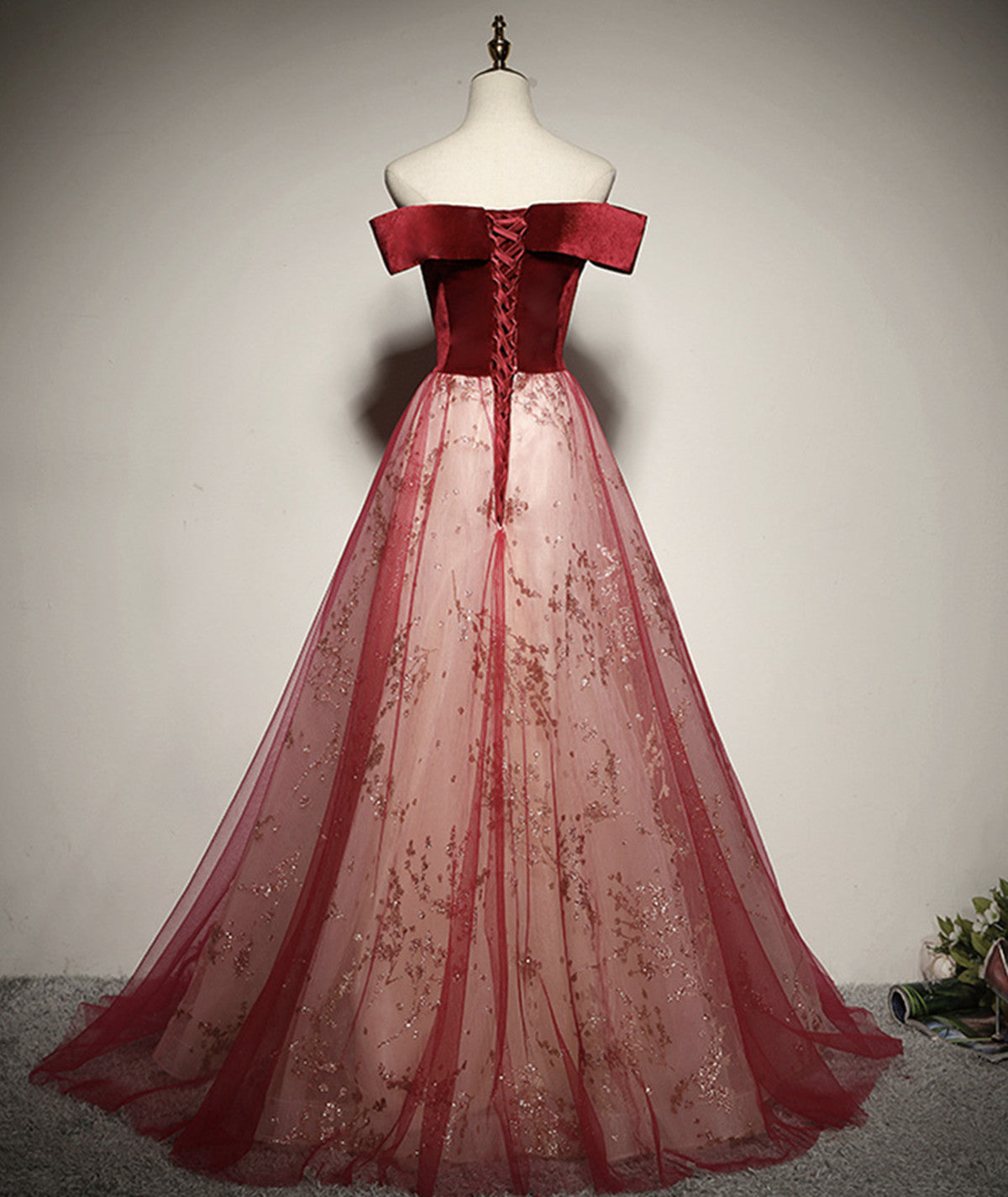 A-line Red Tulle and Velvet Off Shoulder Long Prom Dress, Red Evening Dress