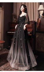 Beautiful Lace Applique Top Gradient Tulle Long Party Dress, Black Long Formal Dress Prom Dresses