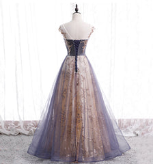 Beautiful A-line Tulle with Lace Applique Party Dress, Tulle Long Prom Dress