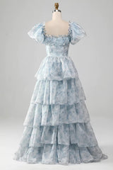 A-line Floral Blue Layers Scoop Short Sleeves Party Dress, Blue Evening Dress