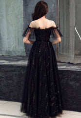Black Off Shoulder Tulle Party Dress, A-line Black Formal Dress Prom Dress