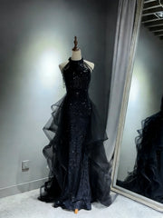 Black Sequins and Tulle Halter Long Prom Dress, Black Long Evening Dress Formal Dress